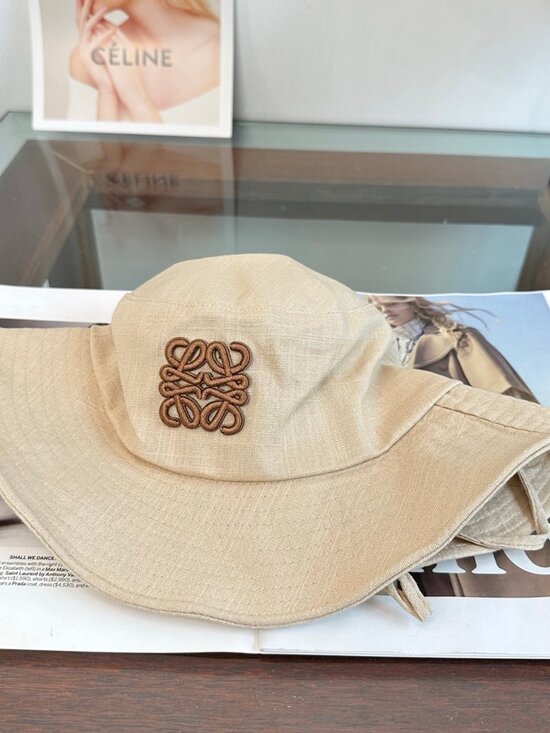 Loewe Beige Linen Anagram Embroidered Bucket Hat Adjustable Drawstring Wide Brim